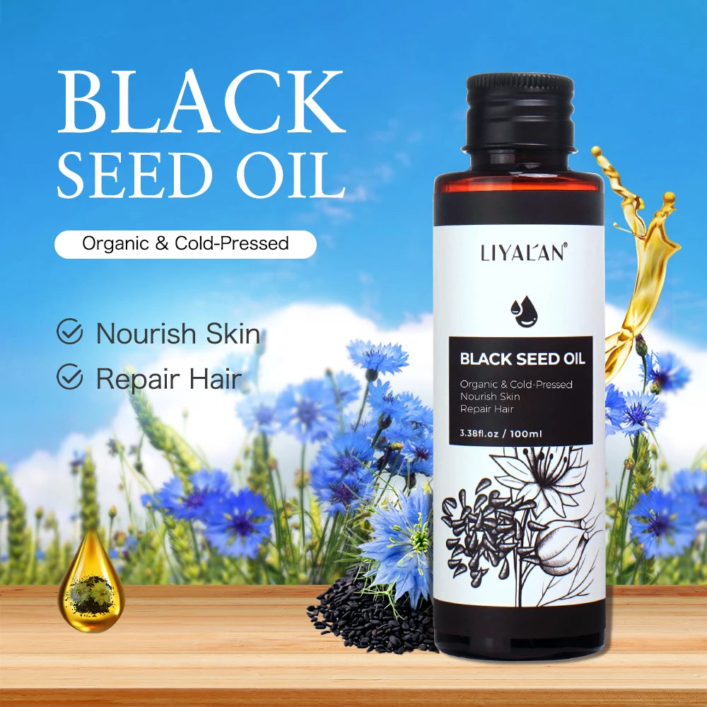 LIYALAN - 100ml Black Cumin Seed Oil For Hair Growth Thicken Hair Cold Pressed Liquid Nourish Nail Skin Anti-oxidant Body Massage