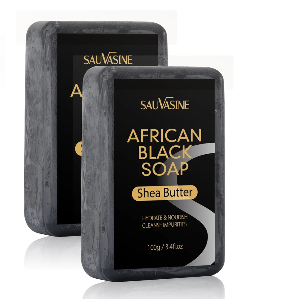 SAUVASINE - 100g AFRICAN BLACK SOAP Shea Butter Bar Moisturizing Acne Treatment Cleanser for Clear Skin Care Deep Cleaning Glowing