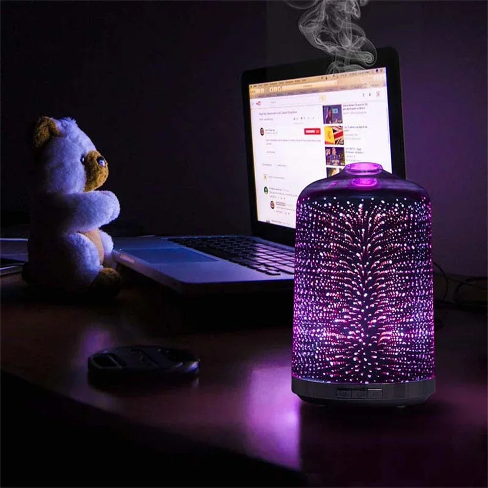 Air Humidifier 3D Fireworks Aromatic Essential Oil Diffuser Glass Freshener 7 LED Lights for Home Room Timing Humificador 250ml