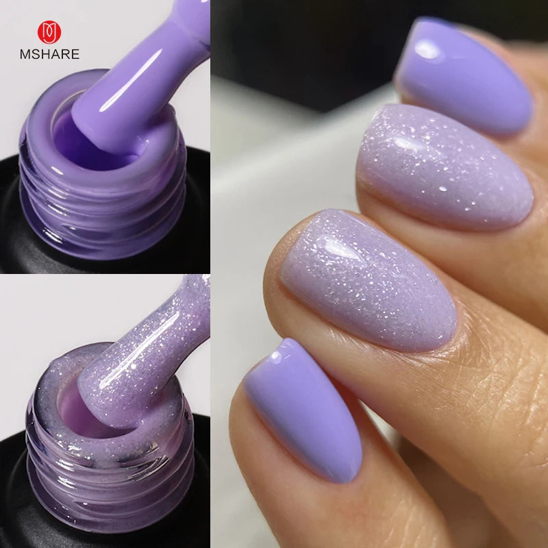 MSHARE Purple Rubber Base Gel Lilac Glitter Nail Polish Camouflage Color Varnish UV LED Soak Off Strengthen Nails Art 10ml 30g