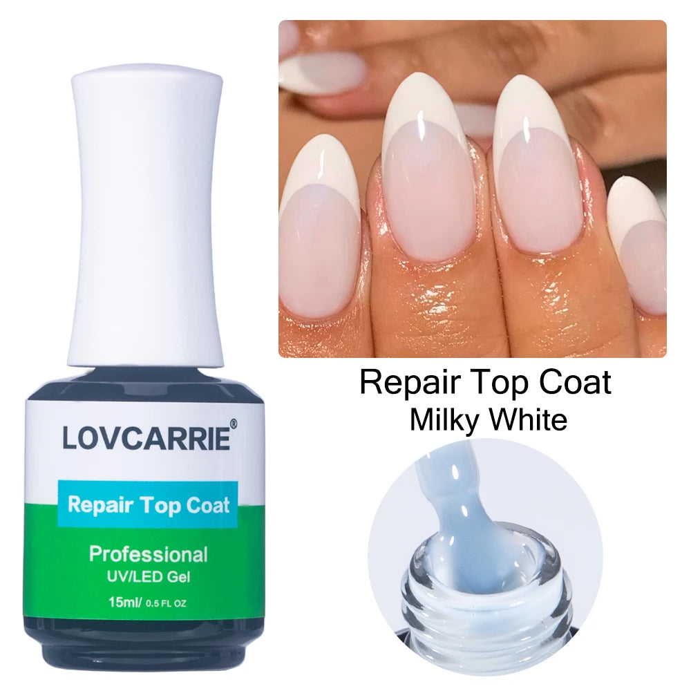 LOVCARRIE Milky White Top Coat No Wipe UV Gel Nail Polish 15ML Semi Permanent UV/LED Repair Gel Finish Sealer for Manicure Nails