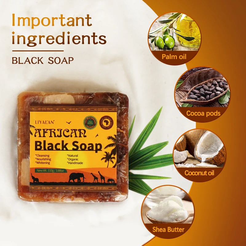 LIYALAN - 2pcs African Black Soap Reduce Acne Anti Rebelles Smooth Blemish Shea Butter Face Moisturizing Clean Brighten Handmade Skincare