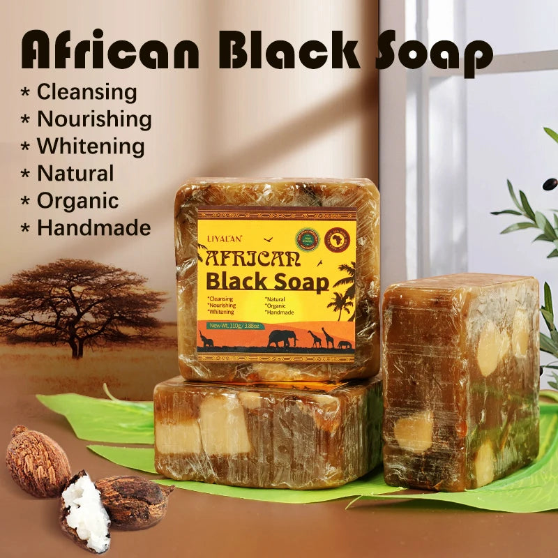 LIYALAN - 2pcs African Black Soap Reduce Acne Anti Rebelles Smooth Blemish Shea Butter Face Moisturizing Clean Brighten Handmade Skincare