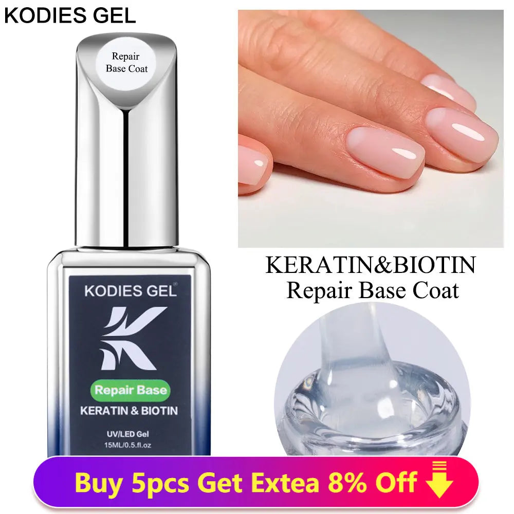 KODIES GEL 2024 NEW Repair Base Coat Gel Nail Polish UV/LED 15ML Keratin Biotin Nails Treatment Strengthener Base Primer Clear