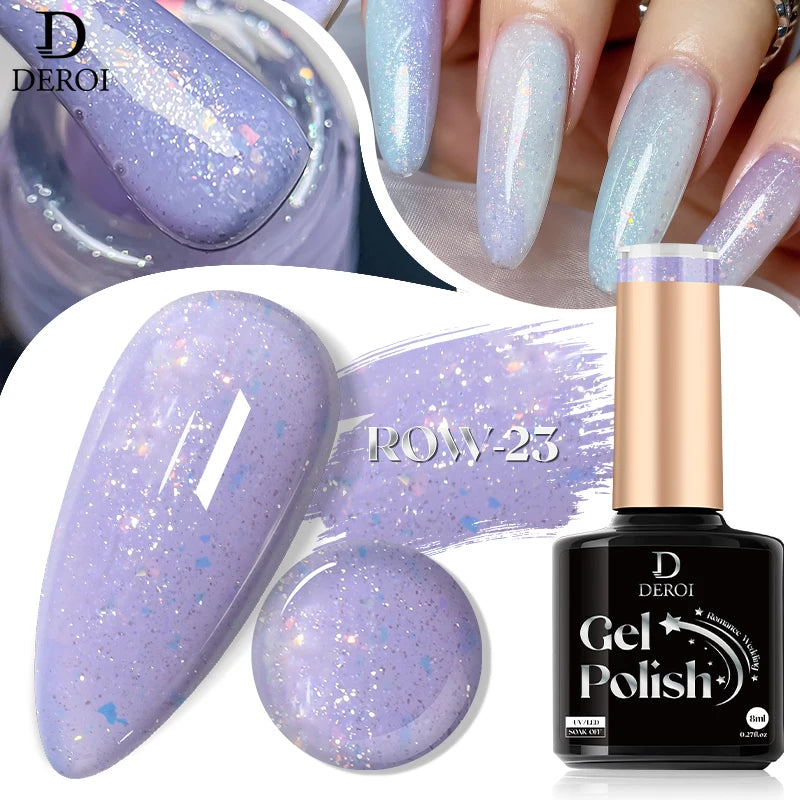 DEROI Glitter Gel Nail Polish Gel Shiny UV Gel Nude Pink Reflective Varnish Soak Off Semi Permanent for Nail Art Manicure 8ml