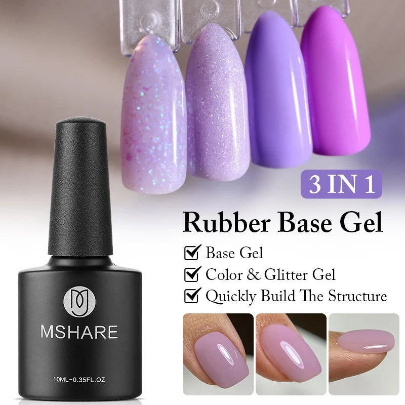 MSHARE Purple Rubber Base Gel Lilac Glitter Nail Polish Camouflage Color Varnish UV LED Soak Off Strengthen Nails Art 10ml 30g