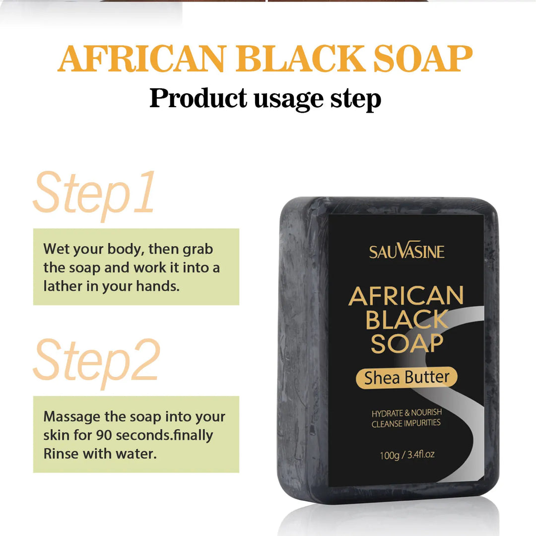 SAUVASINE - 100g AFRICAN BLACK SOAP Shea Butter Bar Moisturizing Acne Treatment Cleanser for Clear Skin Care Deep Cleaning Glowing