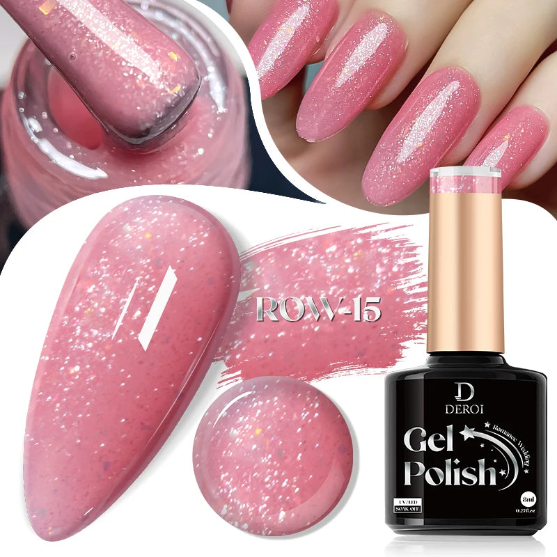 DEROI Glitter Gel Nail Polish Gel Shiny UV Gel Nude Pink Reflective Varnish Soak Off Semi Permanent for Nail Art Manicure 8ml