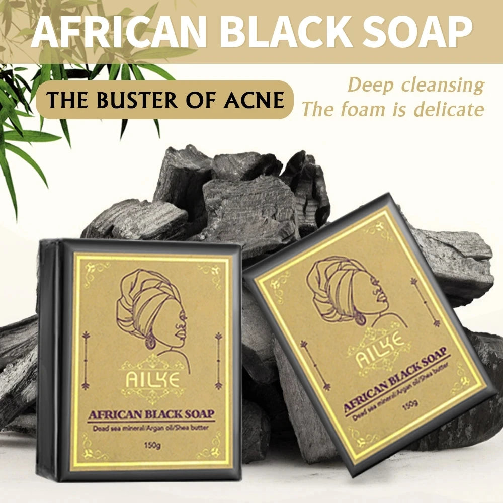 AILKE Bar Soap, African Black Soap for Troubled Skin Cleanse, With Bamboo Charcoal, Cleans Nourishes Skin, Rinses Clear