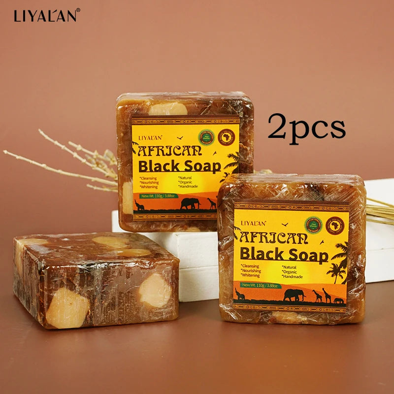 LIYALAN - 2pcs African Black Soap Reduce Acne Anti Rebelles Smooth Blemish Shea Butter Face Moisturizing Clean Brighten Handmade Skincare