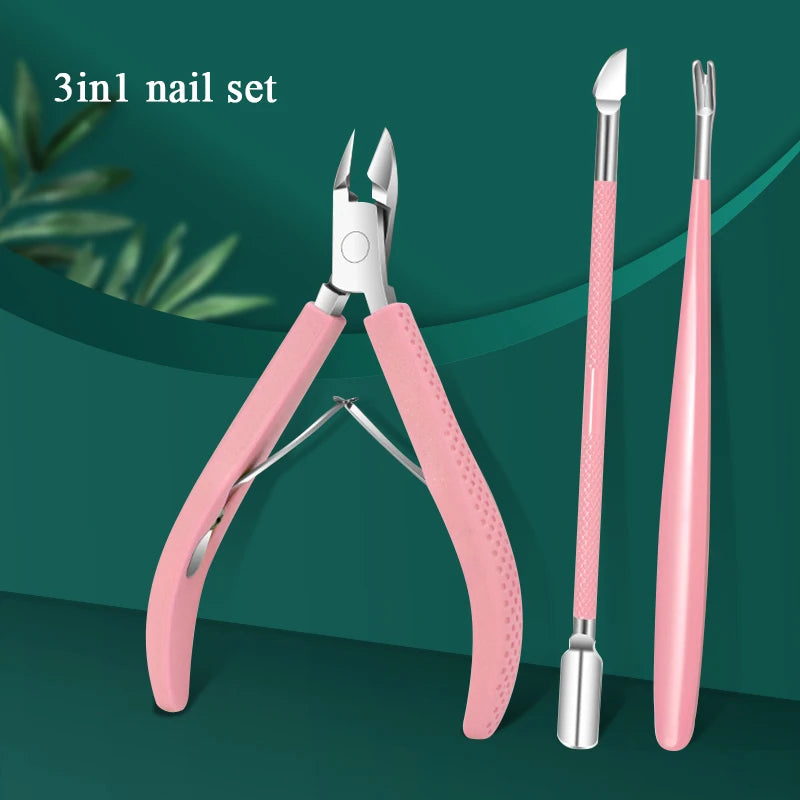 3Pcs/Set Professional Nail Cutter Scissor Nippers Stainless Steel Cuticle Pusher Remover Nail Care Muti Function Manicure Kits