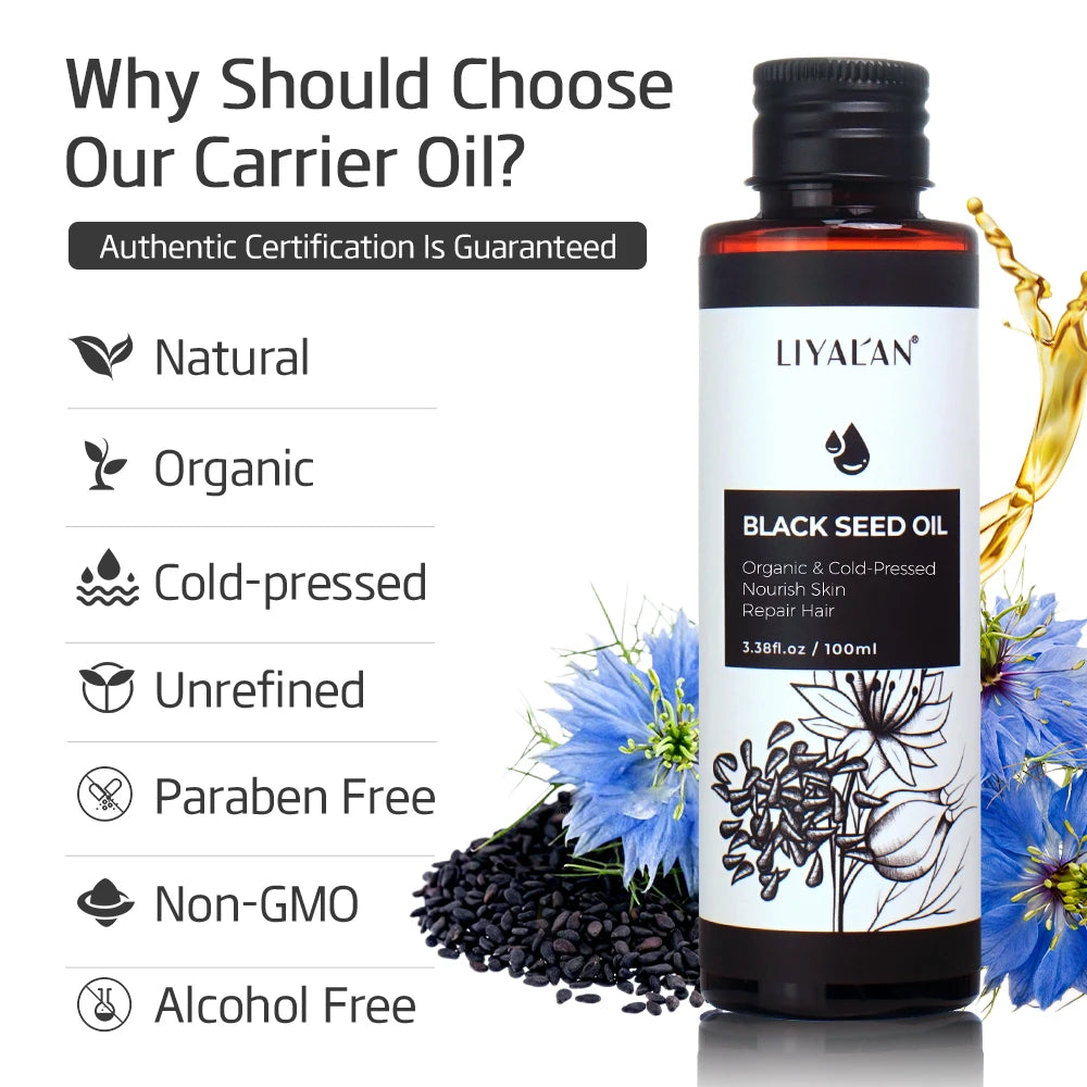 LIYALAN - 100ml Black Cumin Seed Oil For Hair Growth Thicken Hair Cold Pressed Liquid Nourish Nail Skin Anti-oxidant Body Massage