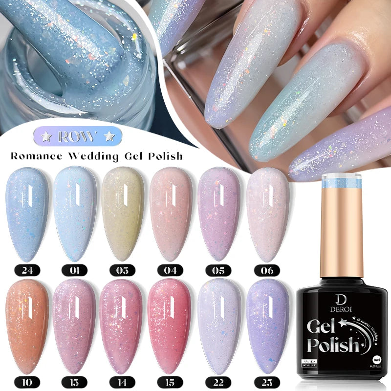 DEROI Glitter Gel Nail Polish Gel Shiny UV Gel Nude Pink Reflective Varnish Soak Off Semi Permanent for Nail Art Manicure 8ml