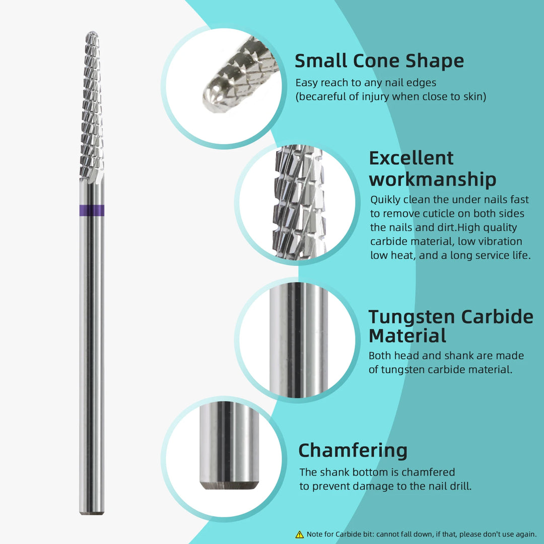 HYTOOS Small Cone Cuticle Clean Nail Drill Bits 3/32 Conical Carbide Nail Bit, Professional Safety Under Nails Dead Skin Cleaner