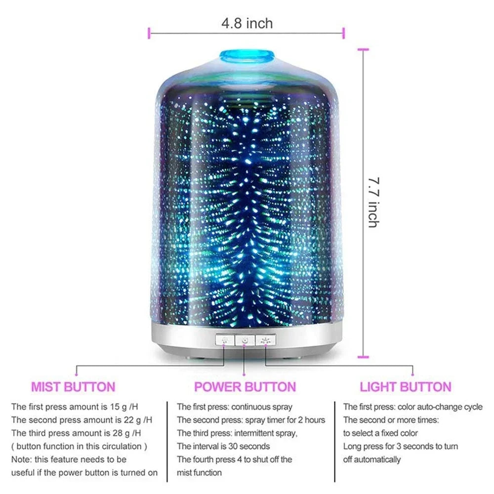 Air Humidifier 3D Fireworks Aromatic Essential Oil Diffuser Glass Freshener 7 LED Lights for Home Room Timing Humificador 250ml