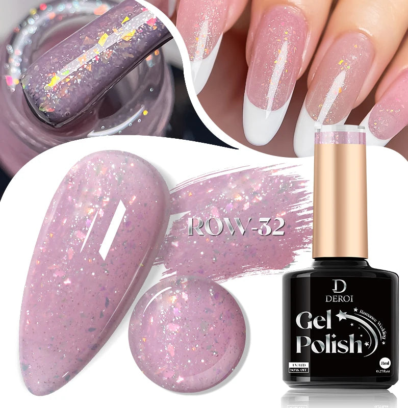 DEROI Glitter Gel Nail Polish Gel Shiny UV Gel Nude Pink Reflective Varnish Soak Off Semi Permanent for Nail Art Manicure 8ml