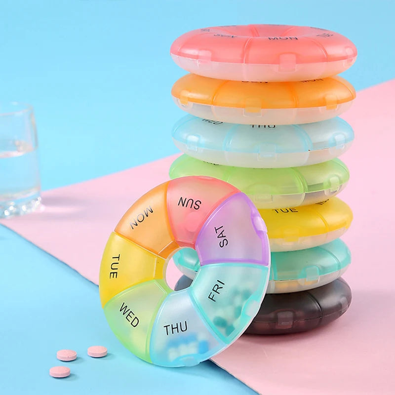 Round Pill Case Plastic 7 Days Weekly Tablet Candy Box Portable Storage Tablet Holder Travel Organizer Pill Container