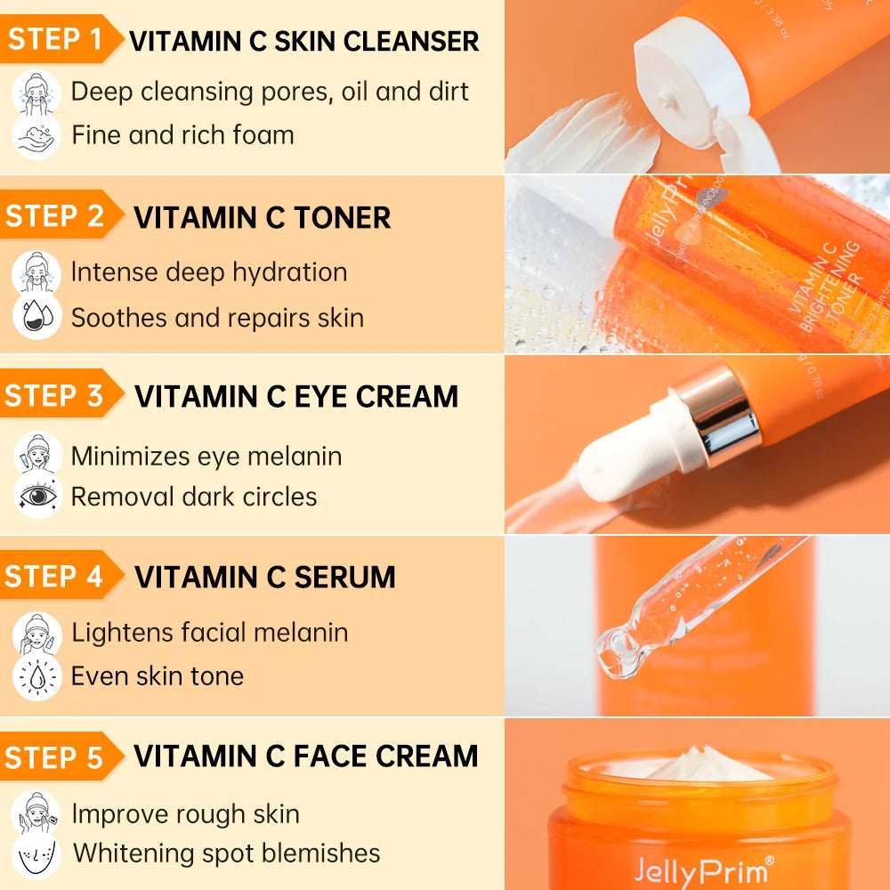 Jellyprim Vitamin C Set for Face Cream Full Skincare Kit Facial Serum Dark Spot Remove Eye Bag Toner Cleaning Whitening Original