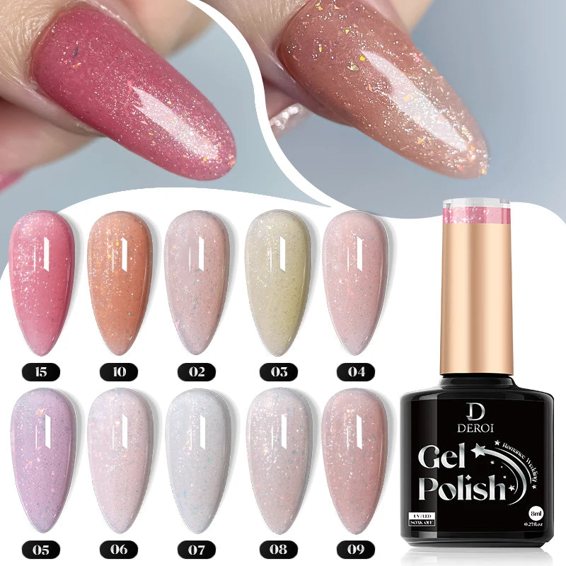 DEROI Glitter Gel Nail Polish Gel Shiny UV Gel Nude Pink Reflective Varnish Soak Off Semi Permanent for Nail Art Manicure 8ml