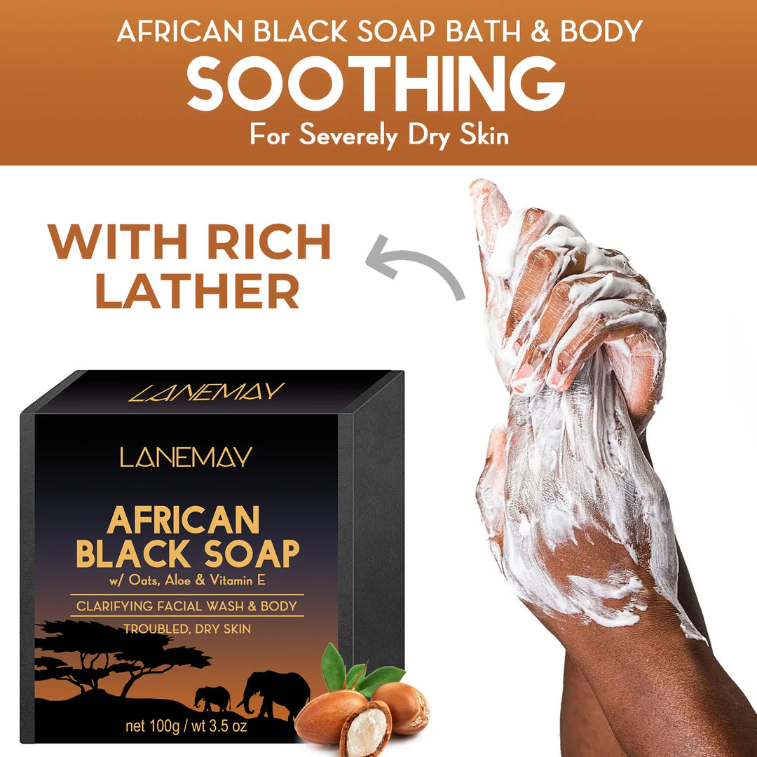 LANEMAY - AFRICAN BLACK SOAP Shea Butter Bar Moisturizing Acne Treatment Cleanser for Clear Skin Care Deep Cleaning Glowing