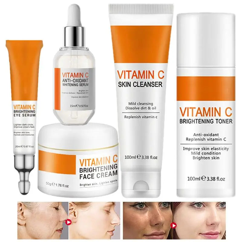 NEW Vitamin C Facial Care Set Face Cleanser Fade Dark Circles Eye Cream Essence Lighten Spots VC Brightening Care