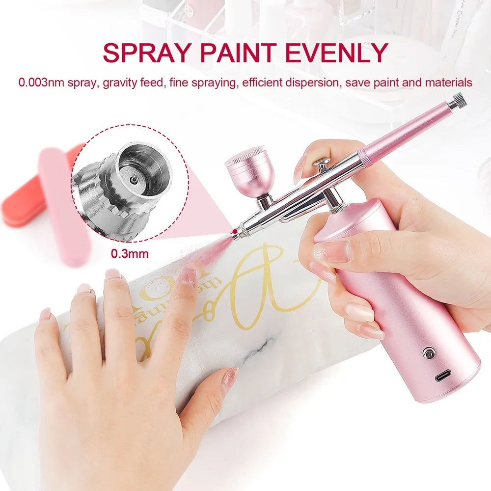 Top 0.3mm Pink Mini Air Compressor Kit Air-Brush Paint Spray Gun Airbrush For Nail Art Tattoo Craft Cake Nano Fog Mist Sprayer