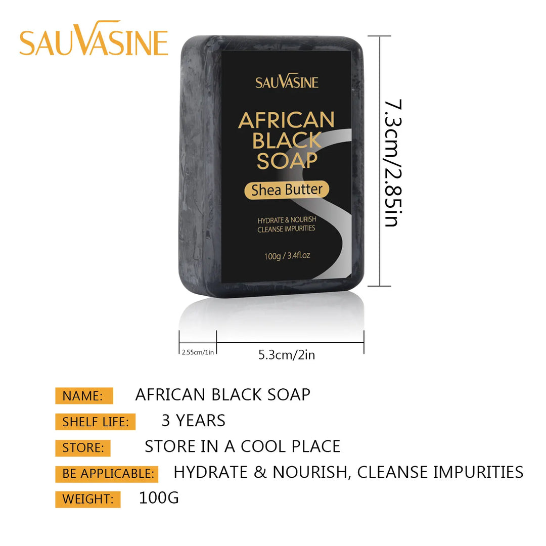 SAUVASINE - 100g AFRICAN BLACK SOAP Shea Butter Bar Moisturizing Acne Treatment Cleanser for Clear Skin Care Deep Cleaning Glowing