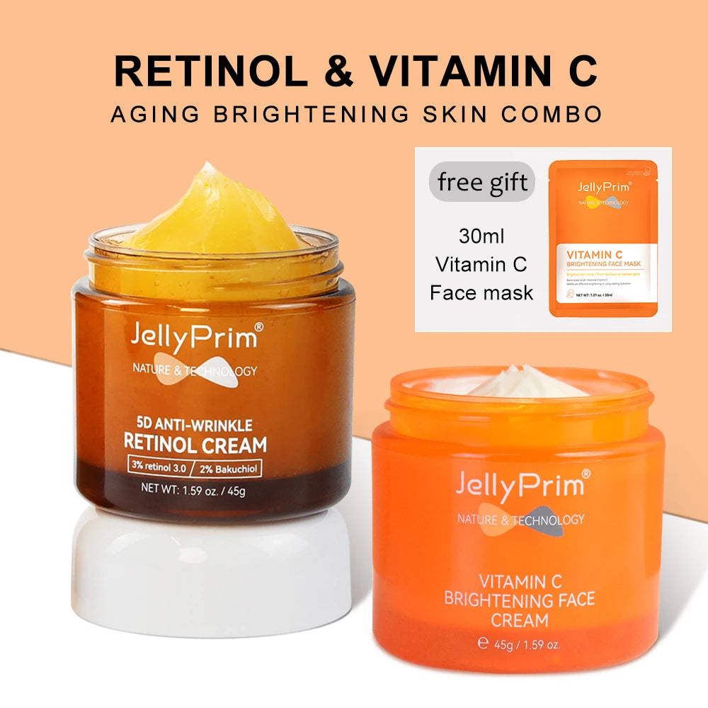 JellyPrim Vitamin C & Retinol Face Cream Lighting Spot Anti-Aging Combo Day Night Moisturizing Facial Cream Skin Care Products