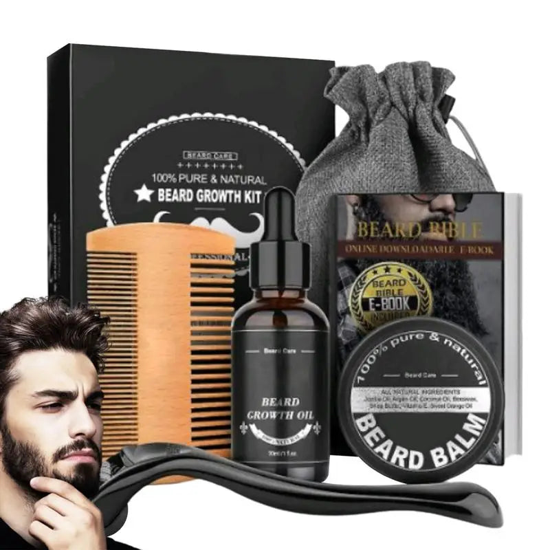 5pcs Beard Growth Kit Men Barbe Hair Enhancerbeard Essentiall Oil Beard care Leave-in Conditioner,Double Sided Comb Beard Cream