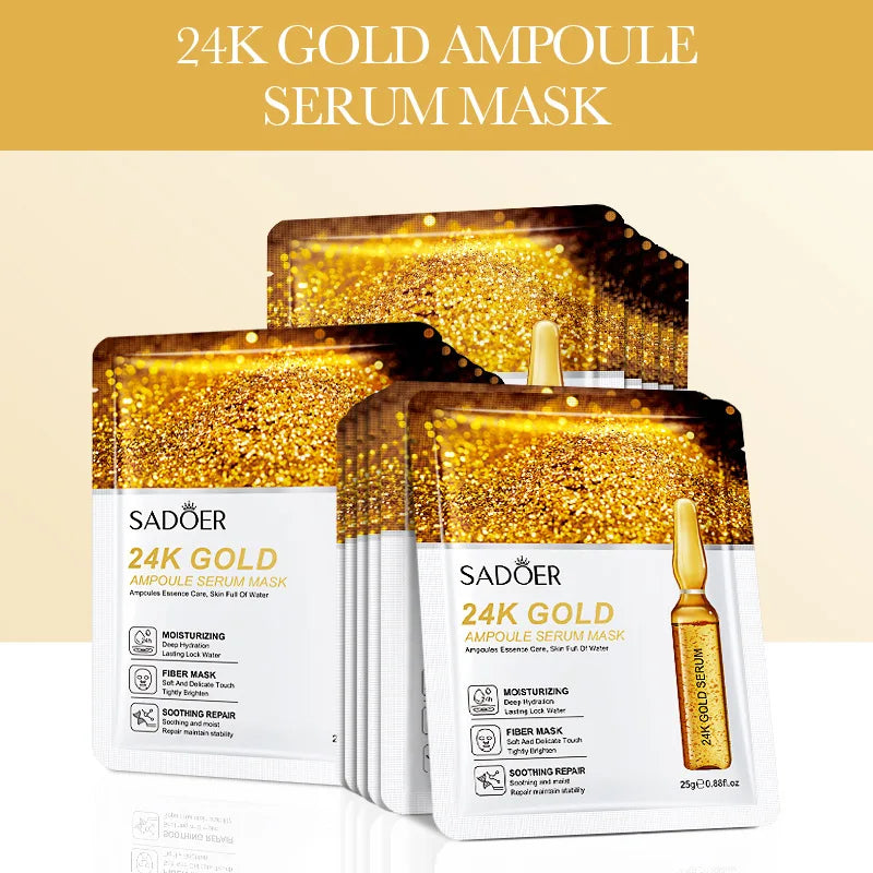 SADOER - 24K Gold Hyaluronic Acid Face Mask - 15pcs - Facial Firming Moisturizing Hydrating Brightening Facial Masks Skin Care Products